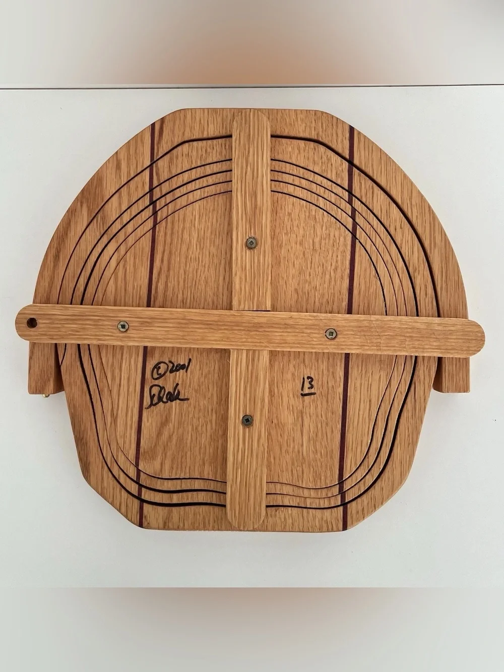 Vintage Handmade Wood Collapsible Fruit Basket Artist Signed Trivet Apple